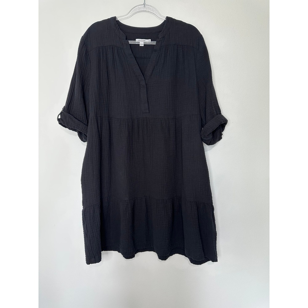 Chicos Gauze Tiered Dress Roll Tab Sleeve Size 18 Black Cotton Pockets Beach